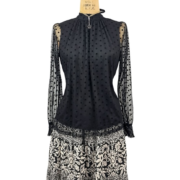 DR2 Tops - Gothic Sheer Mesh Polka Dot Blouse Mock Neck Bow Back‎ Victorian Lace Trim S